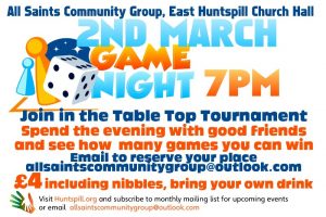 East Huntspill Church Hall Games Night Saturday 2nd March 7pm start £4