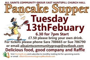 East Huntspill Church Hall Pancake Supper 6.30 for 7 start Tuesday 13th February £7.50